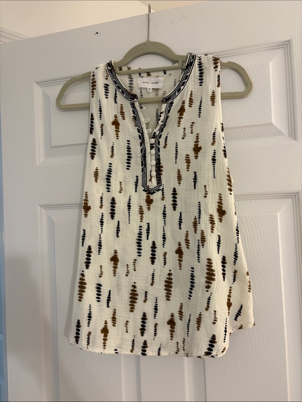 Dear John Ivory Sleeveless Printed Henley Tank with Black & Brown Accents